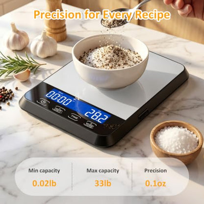 Letron Food Scale, 33 lb / 0.1 oz High Precision Kitchen Scale for Sourdough Bread, Built-in 7 Units, Timing & Tare Function, Rechargeable Digital Kitchen Scale for Food, Baking, Cooking, White - color: Silver
