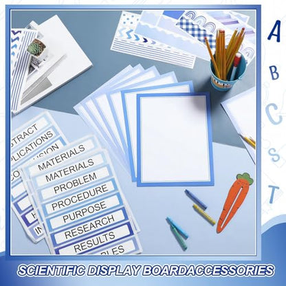 Fuyoooo 90 Pcs Science Fair Board Supplies 60 Trim Scalloped Bulletin Board Borders 24 Presentation Board Subtitles 6 Science Fair Titles for Classroom Display Boards (Blue Boho) - style: Blue Boho