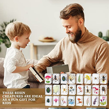 Geelin 24 Pcs Insect in Resin Specimen Set Specimen Bugs Plant Flower Paperweight Butterfly Science Mini Animals Figures for Biology Science Teacher Education Collection