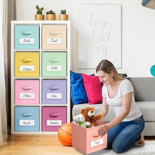 10 Pack Fabric Storage Cubes with Label 13" Collapsible Cube Bins, Macaroon - color: Macaroon, size: 13 Inch