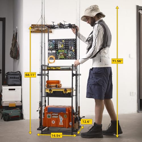 SOYEEZE Fishing Rod Holders for Garage,Fishing Gear Holder for Fishing Rod Tackle Box Storage，Fishing Pole Holders for 12 Rods with Hooks and Pegboard,Fishing Stand with Reel Rack, Standard Size - size: Standard