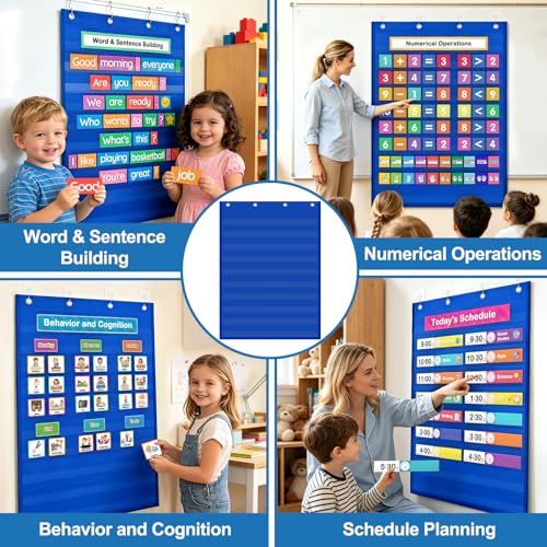 AUVCAS 10-Pocket Standard Pocket Chart for Classroom & Homeschool,Blue - color: BLUE, size: 43"L x 28"W