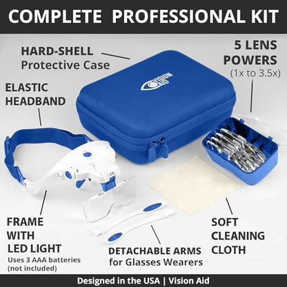 Vision Aid Magnifying Glasses with LED Light 5 Lenses Headband Case Hands Free Illuminated Head Magnifier for Hobby Painting Close Work Jewelry Watch Repair - size: 3AAA Battery Powered - Standard Set