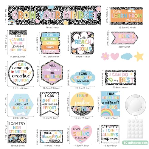 24Pcs Composition Classroom Bulletin Board Decor Girl Style Grow Your Mindset Positive Sayings Accent Cutouts Inspirational Bulletin Board Sets for School Students Teacher Office Home Wall Supply