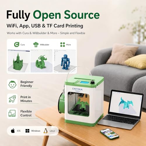 Entina Tina2S 3D Printer for Kids & Beginners, Fully Assembled Mini 3D Printer with Auto Leveling, Easy Setup, WiFi & App Control, Huge Model Library, Heated Spring Steel Build Plate for Home & School - color: Green