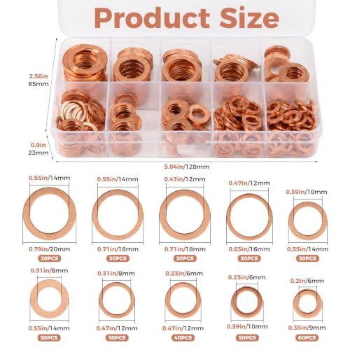 350 Pcs Copper Metric Crush Washer Assortment Kit, M5, M6, M8, M10, M12,M14