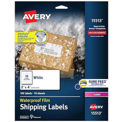 Avery Waterproof Labels with Ultrahold Adhesive, 2" x 4", Case of 500 Labels for Laser Printers (15513)