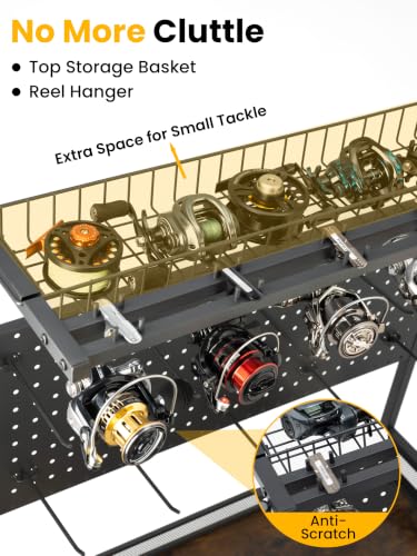 SOYEEZE Fishing Rod Holders for Garage,Fishing Gear Holder for Fishing Rod Tackle Box Storage，Fishing Pole Holders for 12 Rods with Hooks and Pegboard,Fishing Cart with Reel Rack, Large Size - size: Large with wheels