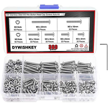 DYWISHKEY 360 Pieces M3 x 4mm/6mm/8mm/12mm/16mm/20mm Stainless Steel 304 Hex Button Head Cap Bolts Screws and Nuts Kit