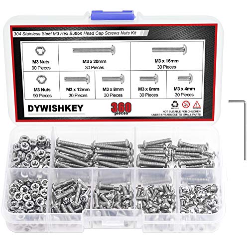 DYWISHKEY 360 Pieces M3 x 4mm/6mm/8mm/12mm/16mm/20mm Stainless Steel 304 Hex Button Head Cap Bolts Screws and Nuts Kit