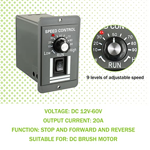 DC 12-60V Motor Speed Controller 20A Adjustable PWM Controller Switch Forward/Reverse Electric Motor Speed Regulator Suitable for DC Brush Motor