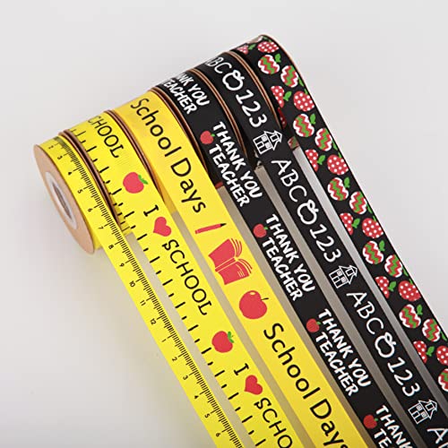 Meseey Back to School Themed Grosgrain Ribbon Ruler School Bus Apple ABC Pencil Backpack Books Chalkboard Printed Craft Ribbons for Teacher Appreciation,Wreath,Gift Wrapping (School Theme Set) - color: School Theme Set