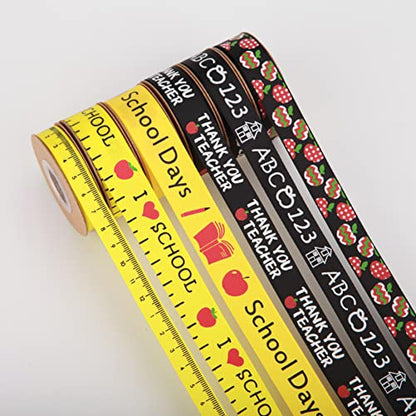 Meseey Back to School Themed Grosgrain Ribbon Ruler School Bus Apple ABC Pencil Backpack Books Chalkboard Printed Craft Ribbons for Teacher Appreciation,Wreath,Gift Wrapping (School Theme Set) - color: School Theme Set