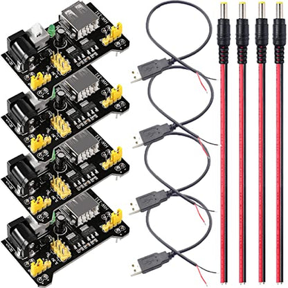 4 pcs 3.3V 5V MB102 Breadboard Power Supply Module with DC Male Cable USB Male Cable for Arduino