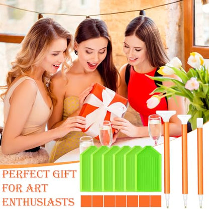 Affrolling 90 Pcs Diamond Art Tools, Drill Pens Trays Glue Clay - color: Green and Orange