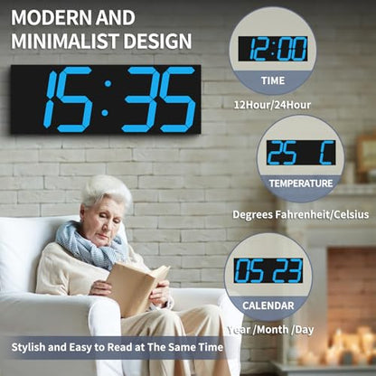 CHKOSDA 18.7in Large Digital Wall Clock,LED Digital Clock with Big Number,Multi-Function Remote Controlled Wall Clock with Timer, Alarm and Calendar Display(Blue) - color: Blue