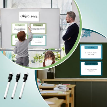 7 Pack Magnetic Write & Wipe Paper Organization Chart, Green Blank Dry Erase Objectives Labels Learning Magnets with 1 Black Pen & 30x20cm Back Card - style: Green