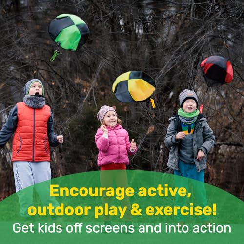 NUTTY TOYS Parachute Toys for Kids - Tangle Free Outdoor Flying Parachute Men, Top Indoor & Outside, 3 4 5 6 7 8 9 10 11 12 Year Old, Best Christmas Stocking Stuffers Idea 2026 Unique Boy & Girl Gifts - color: Red, Green & Yellow