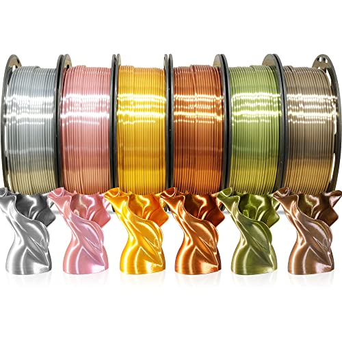 MIKA3D 6 Spools 1.75mm Silk PLA 3D Printer Filament Bundle, 6 Metallic Shiny Colors: Gold/Silver/Copper/Bronze/Coffee Gold/Rosegold, Each Spool 250g X 6 Spools, Total 1.5Kg 3D Printer Material - color: 6 Spools - Gold/Silver/Copper/Bronze/Coffee Gold/Rose
