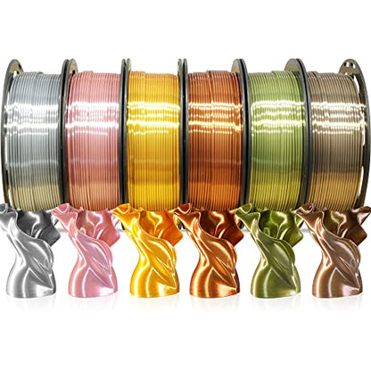MIKA3D 6 Spools 1.75mm Silk PLA 3D Printer Filament Bundle, 6 Metallic Shiny Colors: Gold/Silver/Copper/Bronze/Coffee Gold/Rosegold, Each Spool 250g X 6 Spools, Total 1.5Kg 3D Printer Material - color: 6 Spools - Gold/Silver/Copper/Bronze/Coffee Gold/Rose