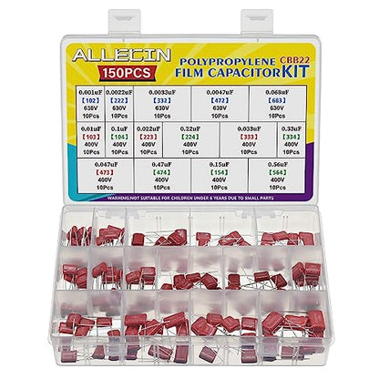 150PCS Metallized Polypropylene Polyester Film Capacitors Kit 0.001uF 0.0022uF 0.0033uF 0.0047uF 0.068uF 630V and 0.01uF 0.1uF 0.022uF 0.22uF 0.033uF 0.33uF 0.047uF 0.47uF 0.15uF 0.56uF 400V