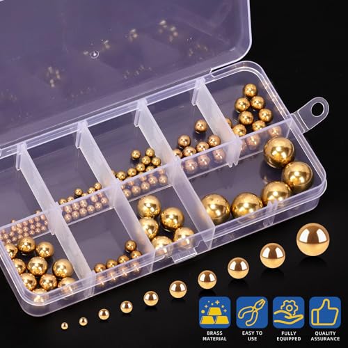 Glarks 120pcs 3/32’’-1/2’’ 10 Sizes Precision Solid Brass Bearing Balls Assortment, Yellow Brass Hardness Round Balls, Industrial Bearing Ball for for Machinery, Automotive, Valves - size: 3/32"-1/2"