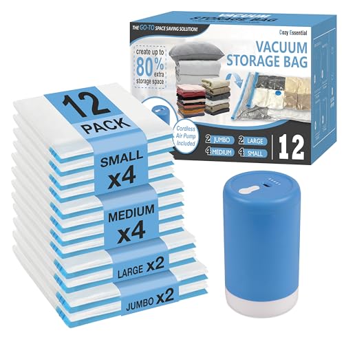 Travel Vacuum Storage Bags with Rechargeable Cordless USB Pump, 12 Combo
