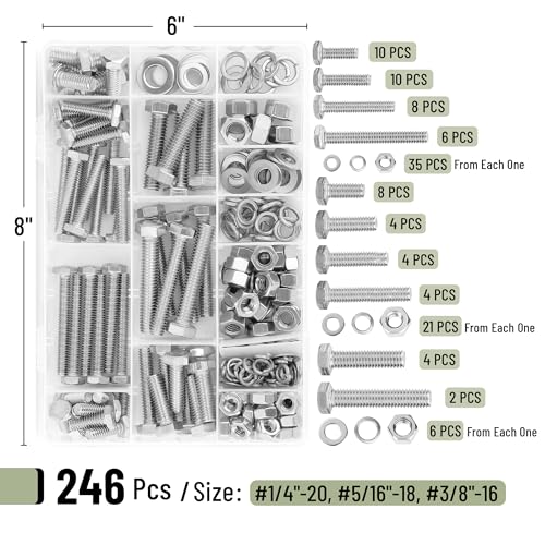 Mr. Pen- Hex Head Nuts and Bolts Assortment Kit, 246 pcs, Stainless Steel