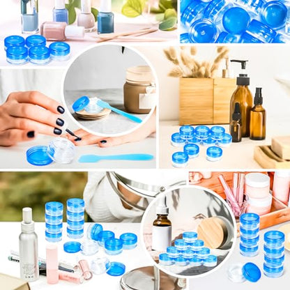 100 Pcs 5g Empty Plastic Containers with Blue Lids,Mini Makeup Sample Containers, Small Sample Pot Jars Round Cosmetic Jars with Mini Spatulas for Liquid Sample Powder Creams Lotions - color: Blue, size: 100PCS