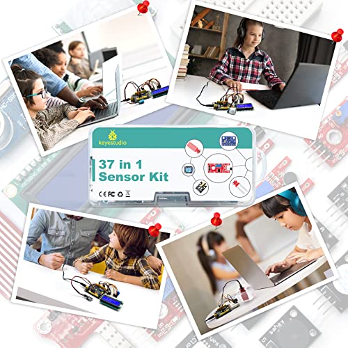 KEYESTUDIO 37 in 1 Sensor Kit for Arduino with Tutorial,Sensors Modules Compatible for Arduino and Raspberry Pi Programming,Active Buzzer/5V Relay/Temperature and Humidity Module etc.