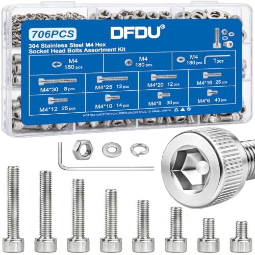 706PCS M4 Socket Screws Nuts Washers Kit, M4x6/8/10/12/16/20/25/30 mm - size: SS M4 706PCS