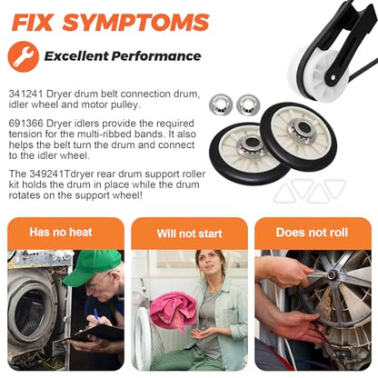 【Newest】 Upgraded 4392065 Dryer Maintenance Repair Kit by Beaquicy - Fit for Whirlpool Ken-More Crosley Admiral Amana Dryer - Package Includes 349241t Drum Roller 341241 Belt and 691366 Idler Pulley