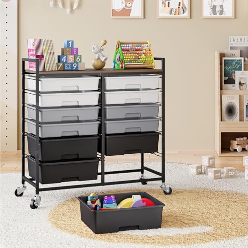 TOOLF 12 Drawers Rolling Storage Cart with Wooden Top for Classroom,Grey - color: Grey