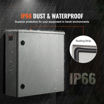 VEVOR Electrical Enclosure, 24'' x 24'' x 8'', NEMA 4 Outdoor Enclosure, IP65 Waterproof & Dustproof Cold-Rolled Carbon Steel Hinged Junction Box for Outdoor Indoor Use, with Rain Hood - size: 24'' x 24'' x 8''