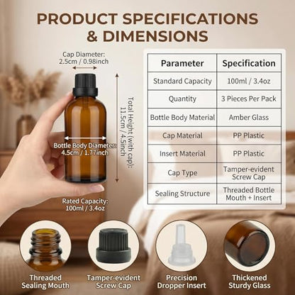 erioctry 3PCS 100ml/3.4oz Empty Amber Glass Bottle with Orifice Reducer and Black Cap for Essential Oils Aromatherapy Cosmetic Storage