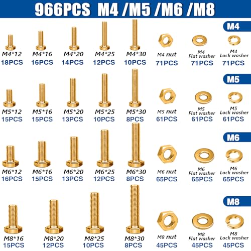 Taiss 966pcs Grade 8.8 Metric Bolt Assortment,Metric Bolts and Nuts Assortment,Bolt Kit M4 M5 M6 M8(12-30mm) Heavy Duty Hex Bolts and Nuts Kit Flat/Lock Washer Yellow Zinc Plated,with Handheld Box - color: Gold-966PCS