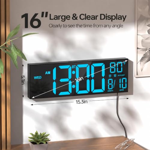 JALL 16.2" Large Digital Wall Clock with Bluetooth Sync for Seniors, RGB Digital Clock Large Display with Auto DST, Wall Clock for Classroom Bedroom Gym Office (Blue) - color: Blue, size: 16.2 inches