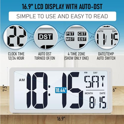 TXL 18.44" Large Digital Wall Clock with Backlight, Battery Operated Alarm Clock with Day, Date & Temperature, Jumbo Display Digital Count Up Down Timer Clock for Hoom,Classroom Room,Office - color: White Backlight-18.44in