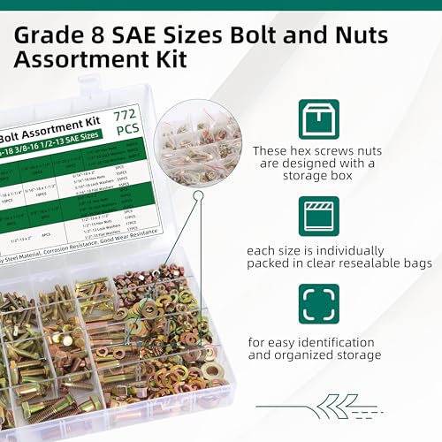 772 Pcs Grade 8 Bolt and Nuts Assortment Kit