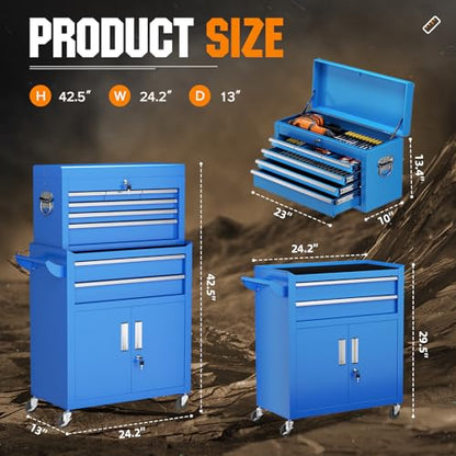 Oakcloud Heavy-Duty 8-Drawer Rolling Tool Chest & Cabinet Combo with Black Liner – Lockable Steel Garage Tool Box on Wheels – Detachable Top Toolbox & Bottom Storage Cart with Side Hooks, Blue - color: Blue, size: 8-Drawer