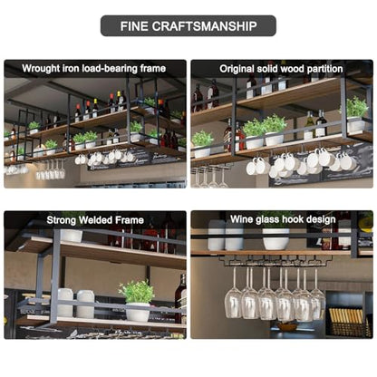 Ceiling Wine Glass Rack with Glass Holder, 47.2in 2-Tier Hanging Bar Shelf - color: Black, size: 47.2×11.8×31.4in