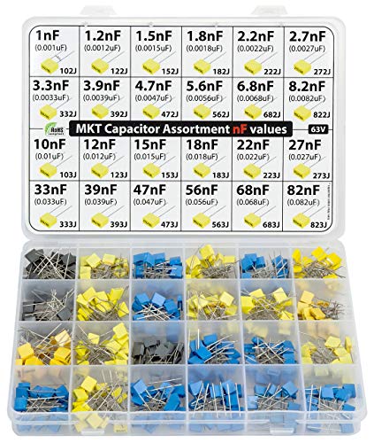 nF Values - MKT Polyester Box Capacitor Kit Assortment 350 pcs 24 Values 63V, All nF Values, 1nF, 1.2nF, 2.2nF, 2.7nF, 3.3nF, 4.7nF 10nF, 12nF, 15nF, 18nF, 27nF, 33nF, 39nF, 47nF, 56nF, 68nF, 82nF