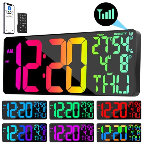 11 RGB Color Changes Large Digital Wall Clock/Bluetooth Auto Time Sync, Remote-Controlled Digital Wall Clock Large Display with Alarm/Timer Function, DST, Indoor Temperature/Humidity Display (18 inch) - color: Rgb Color Change