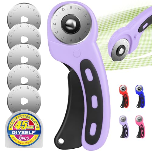 DIYSELF Rotary Cutter for Fabric, Fabric Cutter with 5 Rotary Blades 45 mm - color: Purple