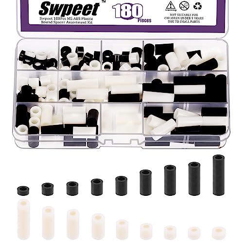 Swpeet 180Pcs Black White Nylon Round Spacer Standoff Screw Nut Assortment Kit, Nylon ABS Plastic Standoff ID 5.4mm OD 9mm, Length 3mm 5mm 6mm 8mm 10mm 12mm 18mm 20mm 25mm for M5 Screws Prototyping