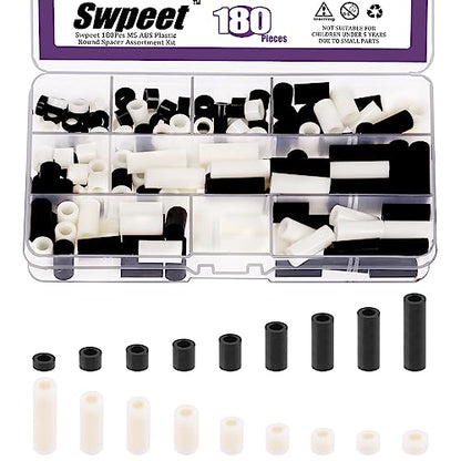 Swpeet 180Pcs Black White Nylon Round Spacer Standoff Screw Nut Assortment Kit, Nylon ABS Plastic Standoff ID 5.4mm OD 9mm, Length 3mm 5mm 6mm 8mm 10mm 12mm 18mm 20mm 25mm for M5 Screws Prototyping