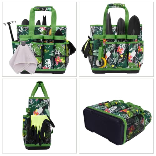 MELOTOUGH 12-Pocket Garden Tool Bag with Hard Bottom, Gardening Tote, Green - color: Green Leaf
