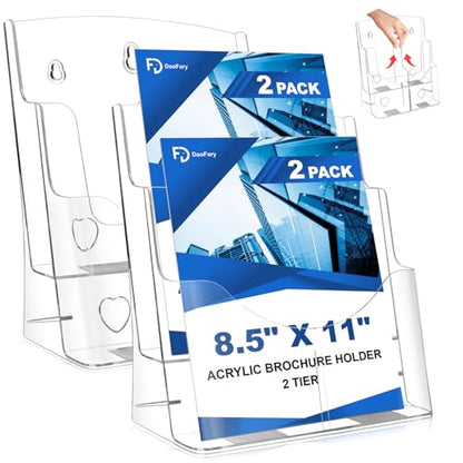 2 Pack Acrylic Brochure Holder 8.5 x 11, 2 Tier Brochure Display Stand with Removable Divider for 4 x 9 inches Trifold Pamphlets, acrylic flyer holder 8.5 x 11 Stands for Flyer, Pamphlet, Magazine