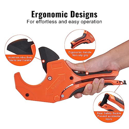 VEVOR PVC Pipe Cutter, Up to 2-1/2" O.D. Ratchet Pipe Cutter Heavy Duty, Professional Tube Cutting Tool with SK5 Steel Blade & Ergonomic Handle, Uses for PVC, CPVC, PP-R, PEX, PE, Rubber Hose - size: 2-1/2" O.D.