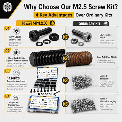 1120PCS M2.5 Screws Kit, M2.5x4/6/8/10/12/16/18/20mm Hex Socket Head Cap Screws Nuts & Washers Assorted Set, 12.9 Grade Black Oxide M2.5mm Screw for 3D Printer,DIY - size: M2.5 1120pcs